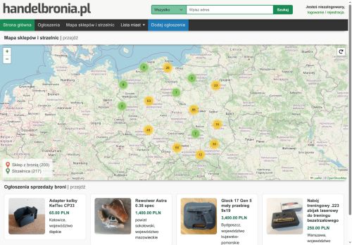 Handel bronią używaną, ogłoszenia sprzedaży broni, mapa strzelnic